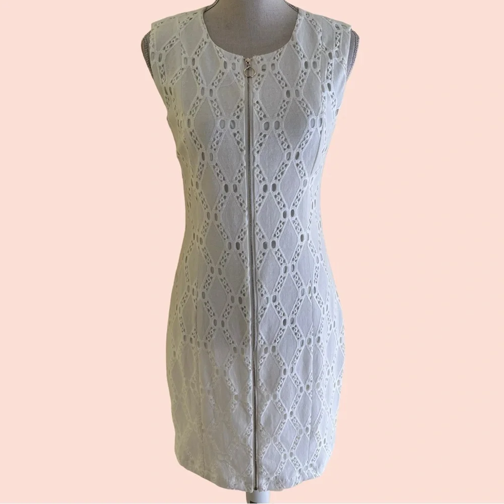 Tahari White Lattice Lace Zipper Front Sheath Mini Dress 6